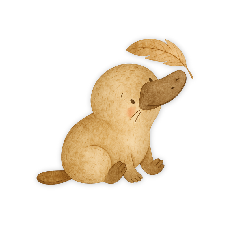 Illustriertes Platypus sitzt und spielt mit einer Feder über dem Schnabel. 