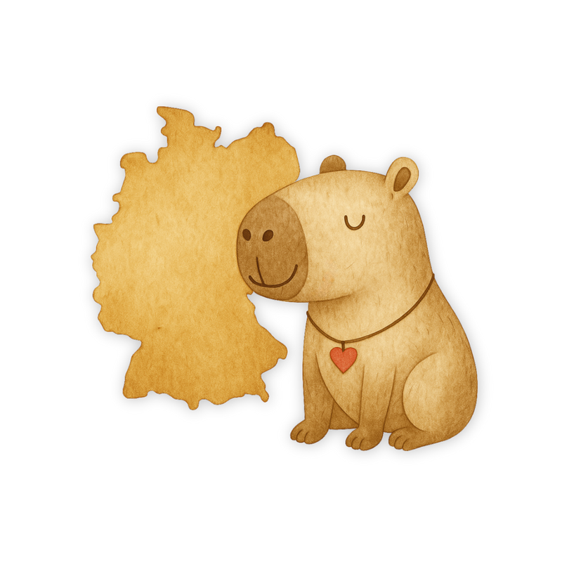 Illustriertes Capybara mit einer Herzchen-Kette sitzt neben einem Umriss von Deutschland. 