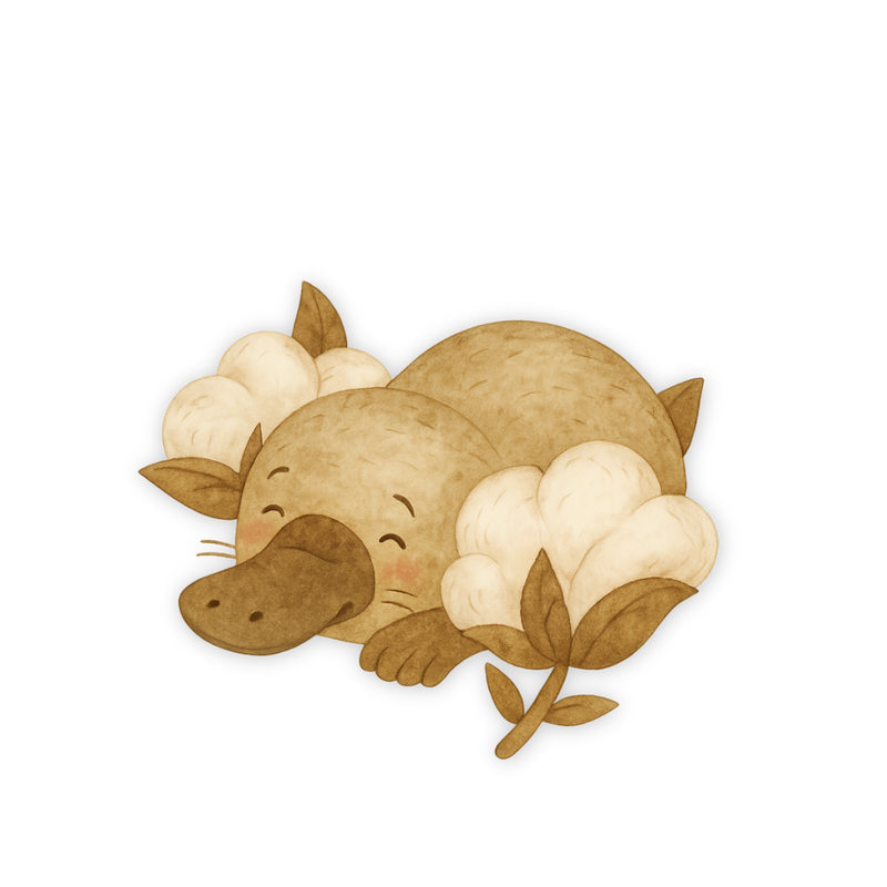 Illustriertes Platypus liegt zwischen zwei Baumwollblüten.