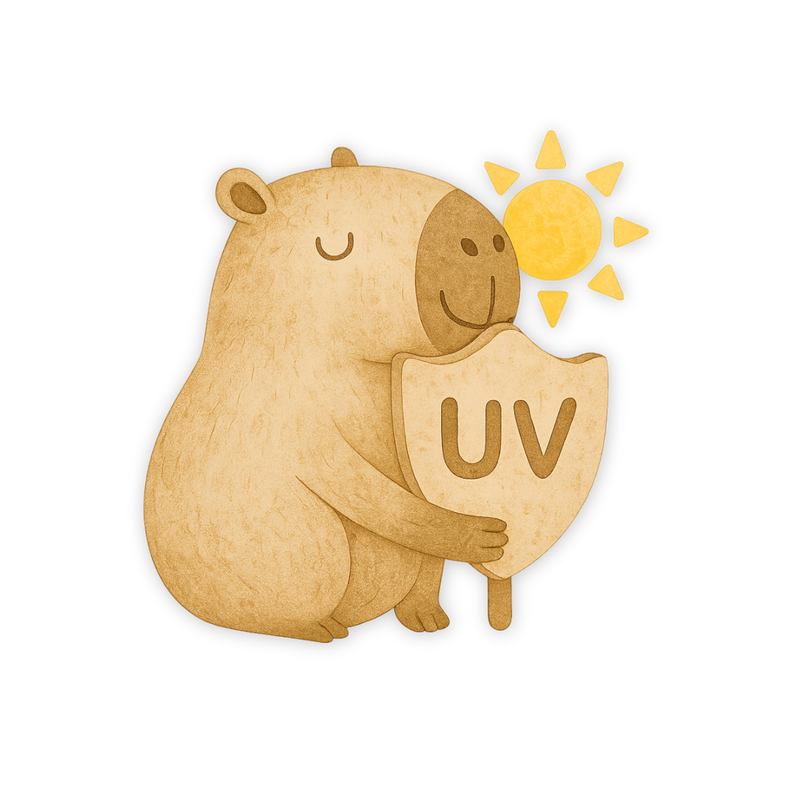 Illustriertes Capybara hält ein UV-Schutz Schild mit einer Sonne im Hintergrund.