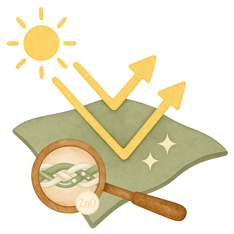 Grafik, die veranschaulicht, wie das Zinkoxid tief in die Faser eingebunden ist und Sonnenstrahlen blockieren, die auf den Stoff treffen.