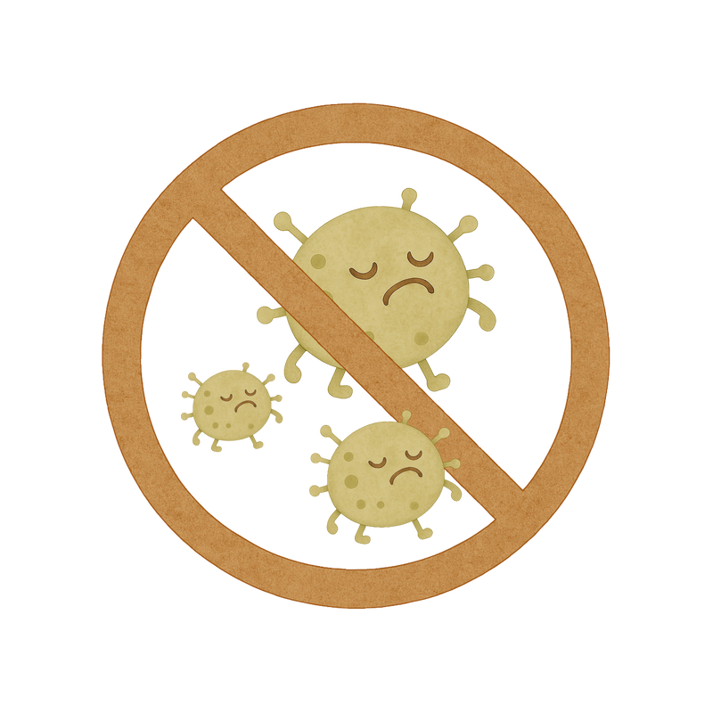 Symbol bestehend aus einem durchgestrichenen Kreis indem sich grimmig guckende Bakterien befinden. 