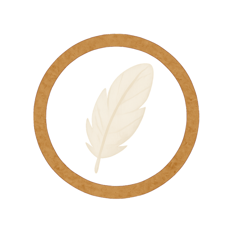 Symbol bestehend aus einem Kreis indem sich eine weiße Feder befindet.