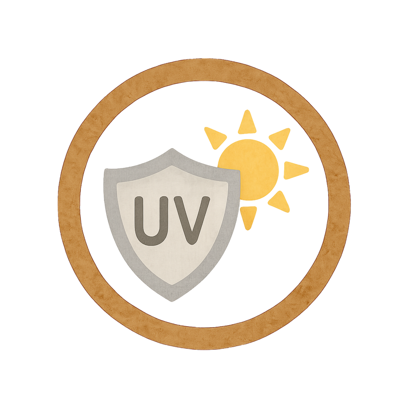 Symbol bestehend aus einem runden Kreis, indem ein UV Schutzschild und eine Sonne abgebildet sind.