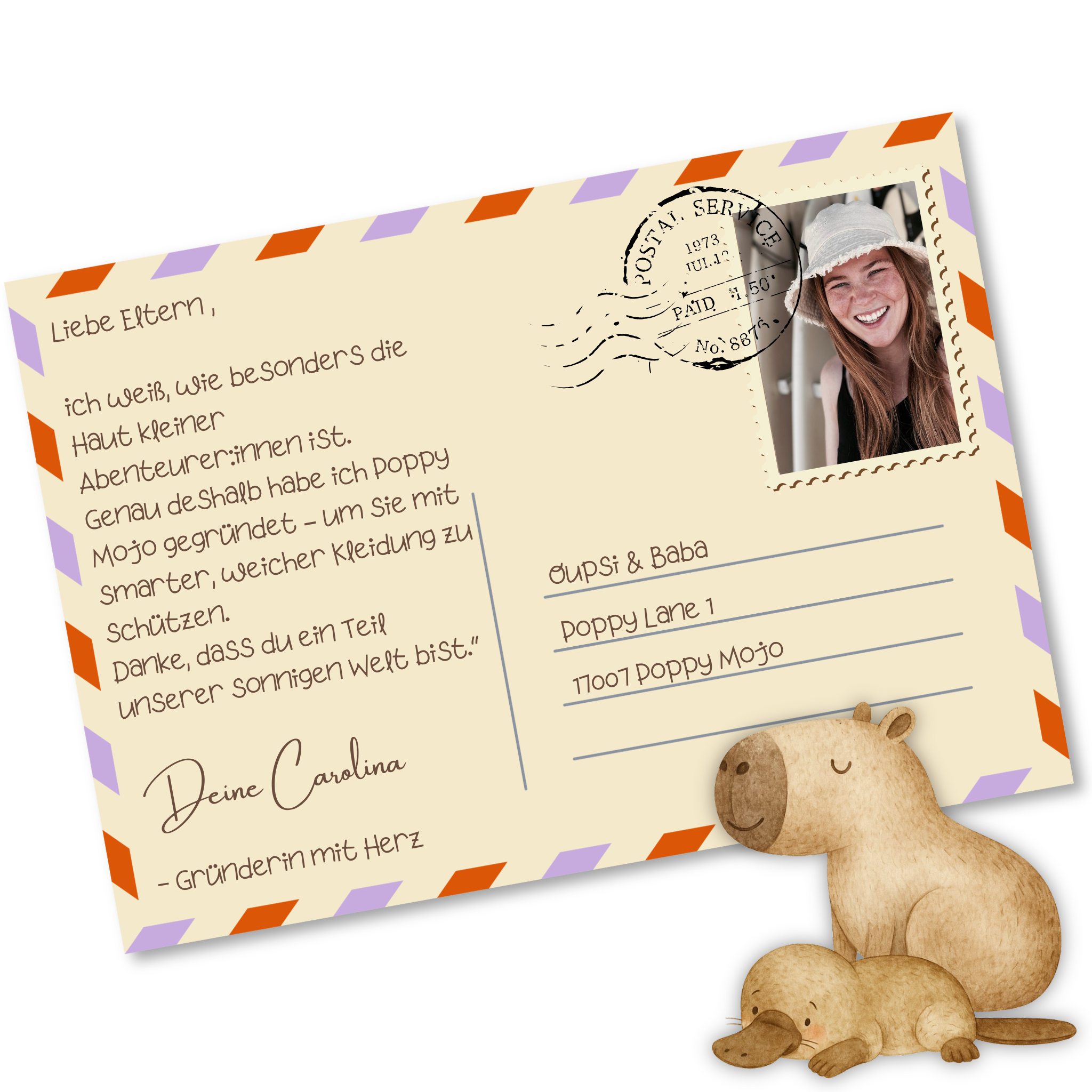 Postkarte von der Gründerin mit einem Gruß an die Eltern, die UPF50+ Kleidung für Kinder kaufen. 