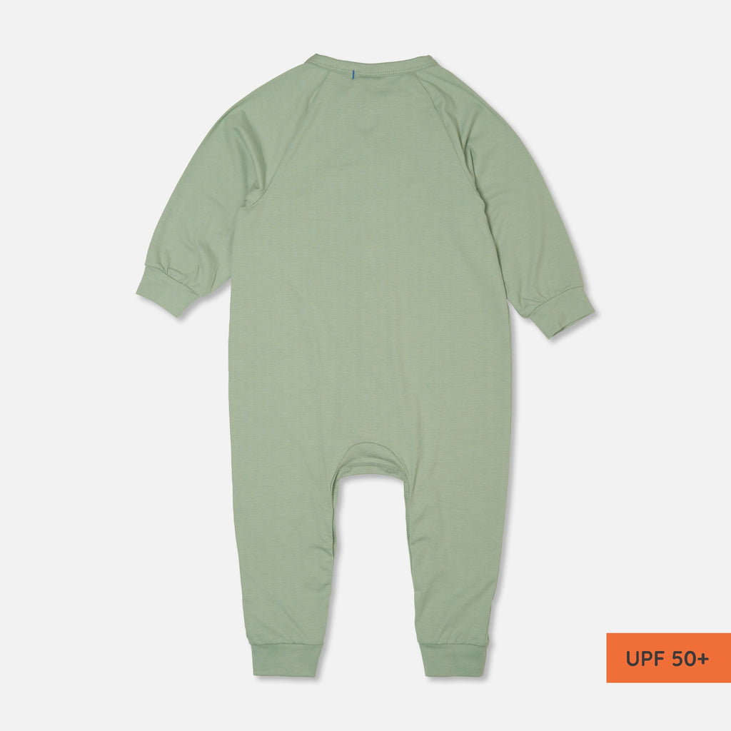 Rückansicht: Einteiler für Babys mit UPF50+ als UV-Schutz Kleidung für Kinder.